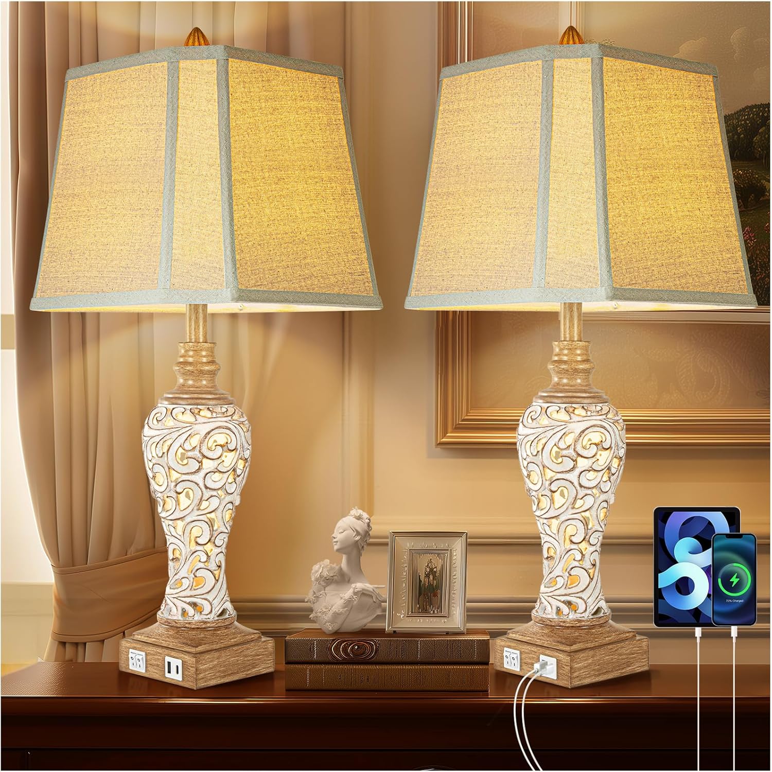 USB Beige Bedside Lamp — 28.5" — Cream+Brown-Set of 2