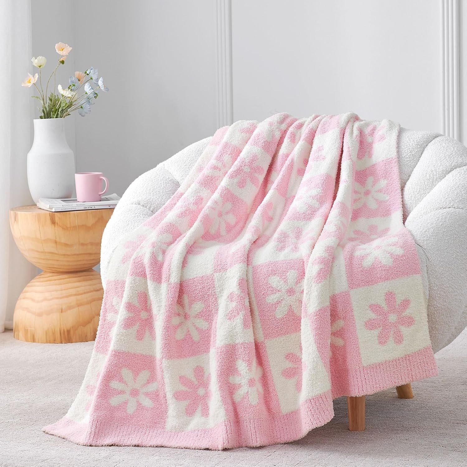 Beige Throw Pillow — 50" — Baby Pink Flower