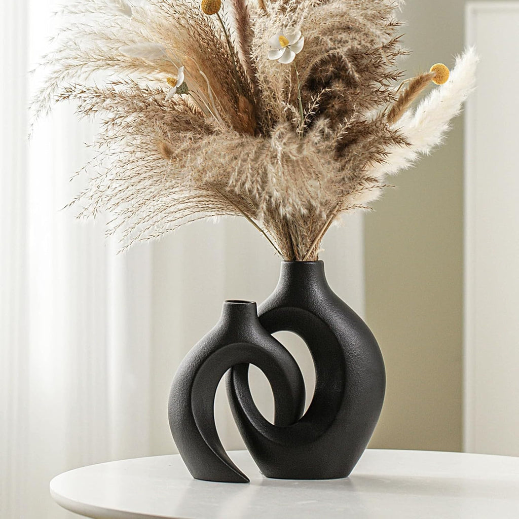 Boho Beige Flower Vase — 6.3" — Large Matte Black