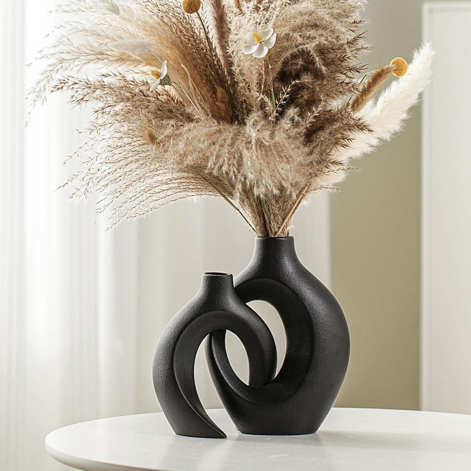 Boho Beige Flower Vase — 6.3" — Large Matte Black