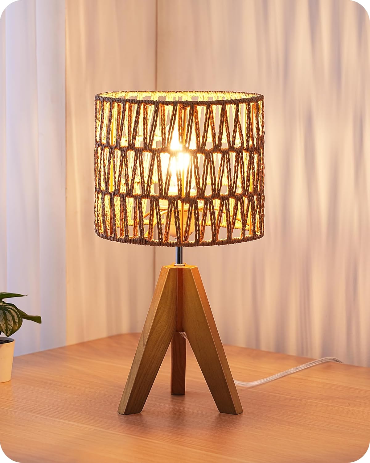 Linen Boho Wood Bedside Lamp — 2" — W-shaped Wave