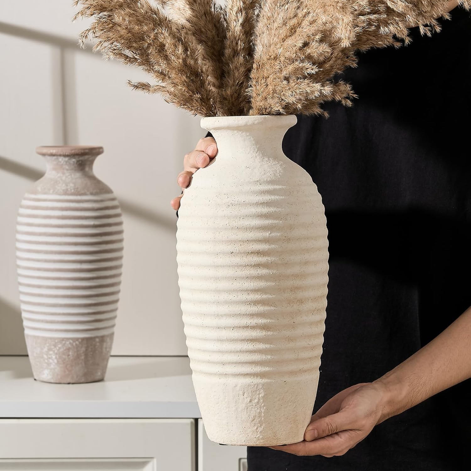 Vintage Farmhouse Beige Vase — 14.4" - View 4