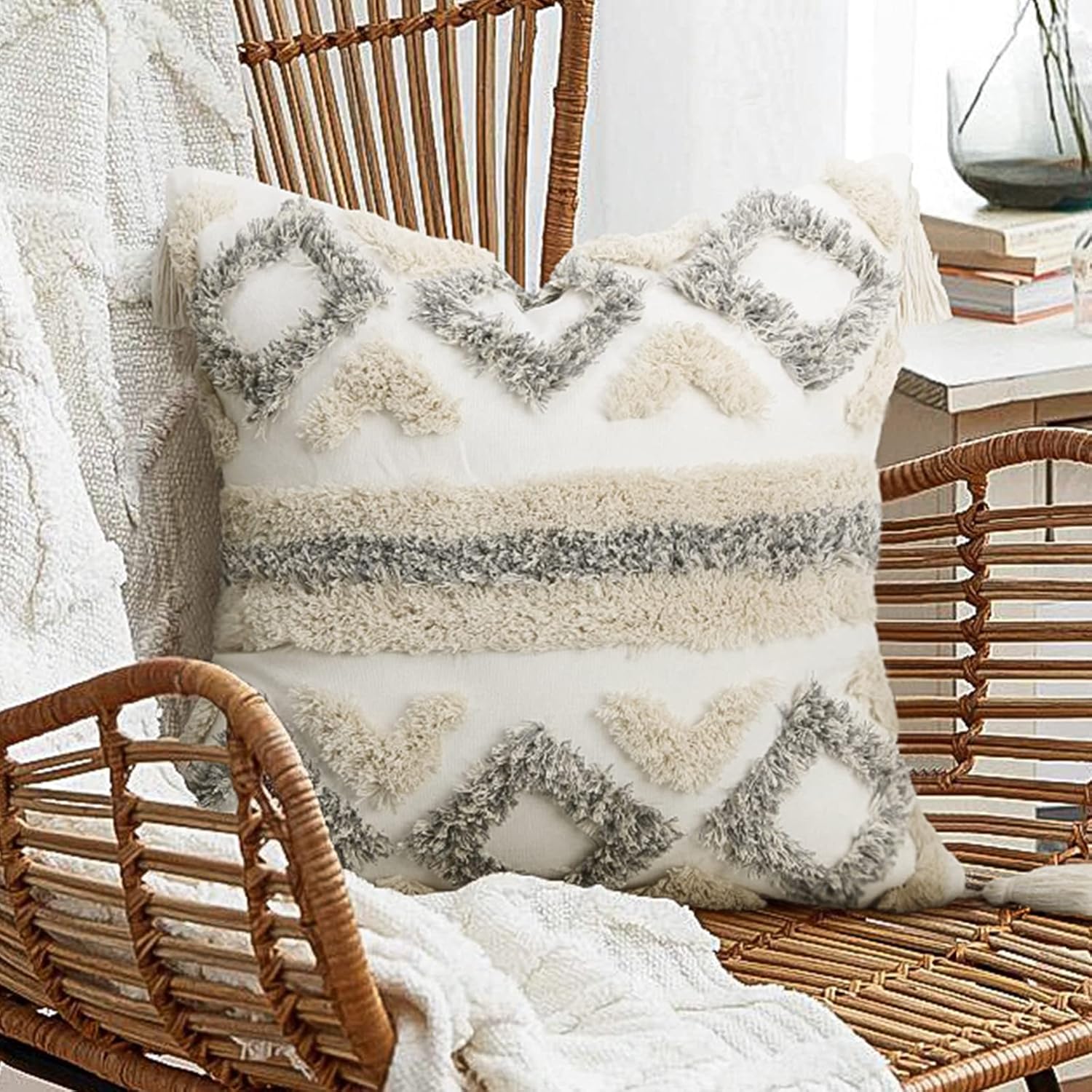 Tufted Boho Blue Pillow Cover — 18" — Grey and White 2