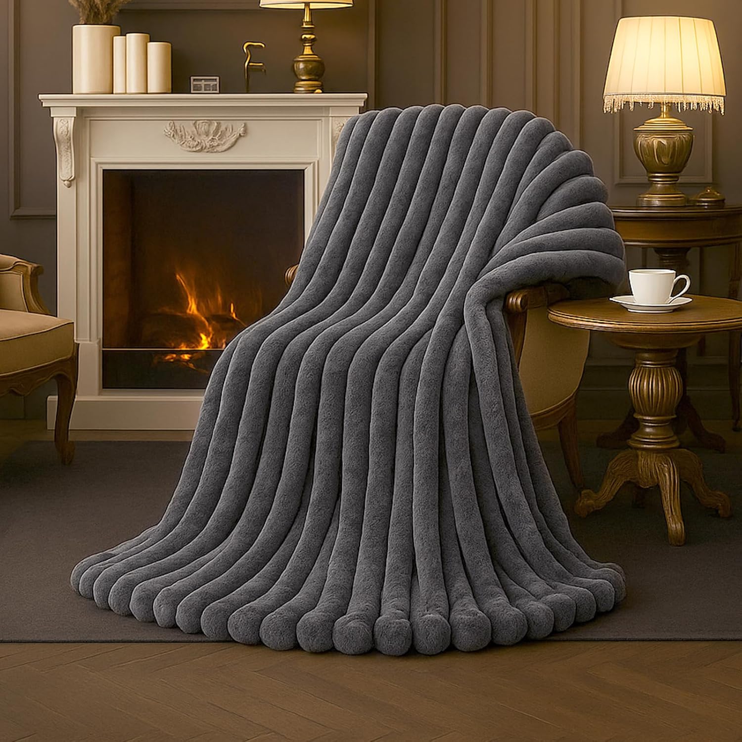 Beige Throw Pillow — 55" — Striped Charcoal Gray