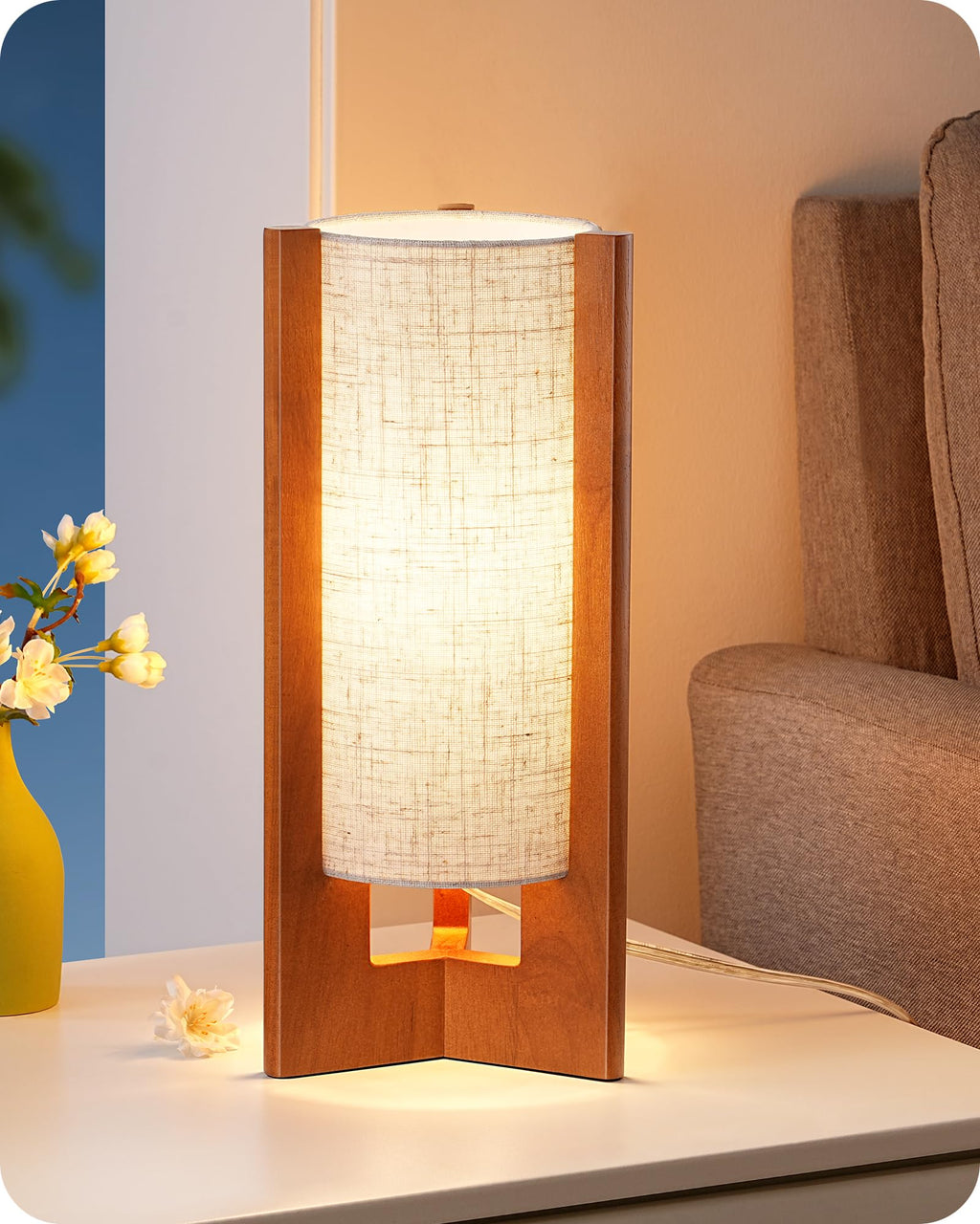 Linen Modern Beige Bedside Lamp — 13.5"
