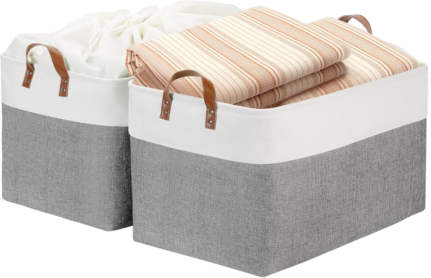 Beige Storage Basket — 17" — White&Grey-Leather Handles