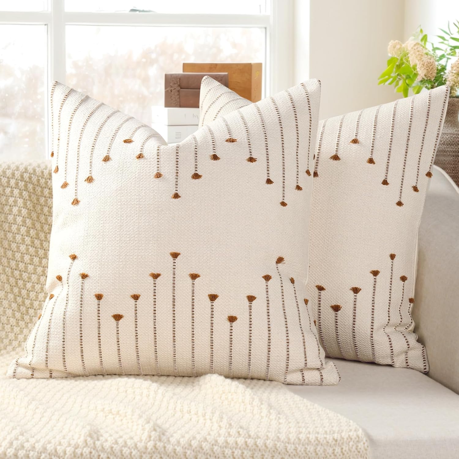 Tufted Boho Beige Throw Pillow Cover — 18" — Brown