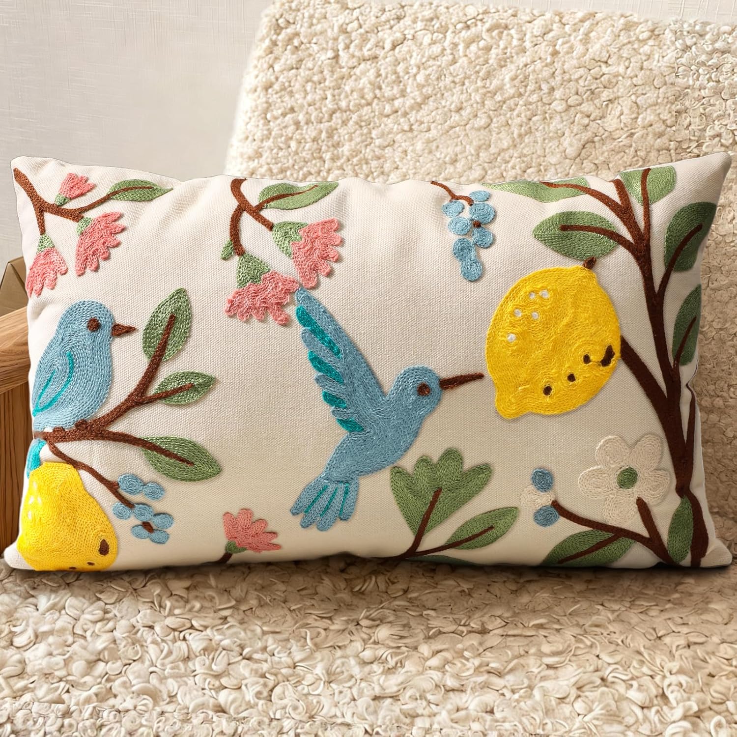 Embroidered Boho Red Throw Pillow Cover — 18" — Bird Lemon