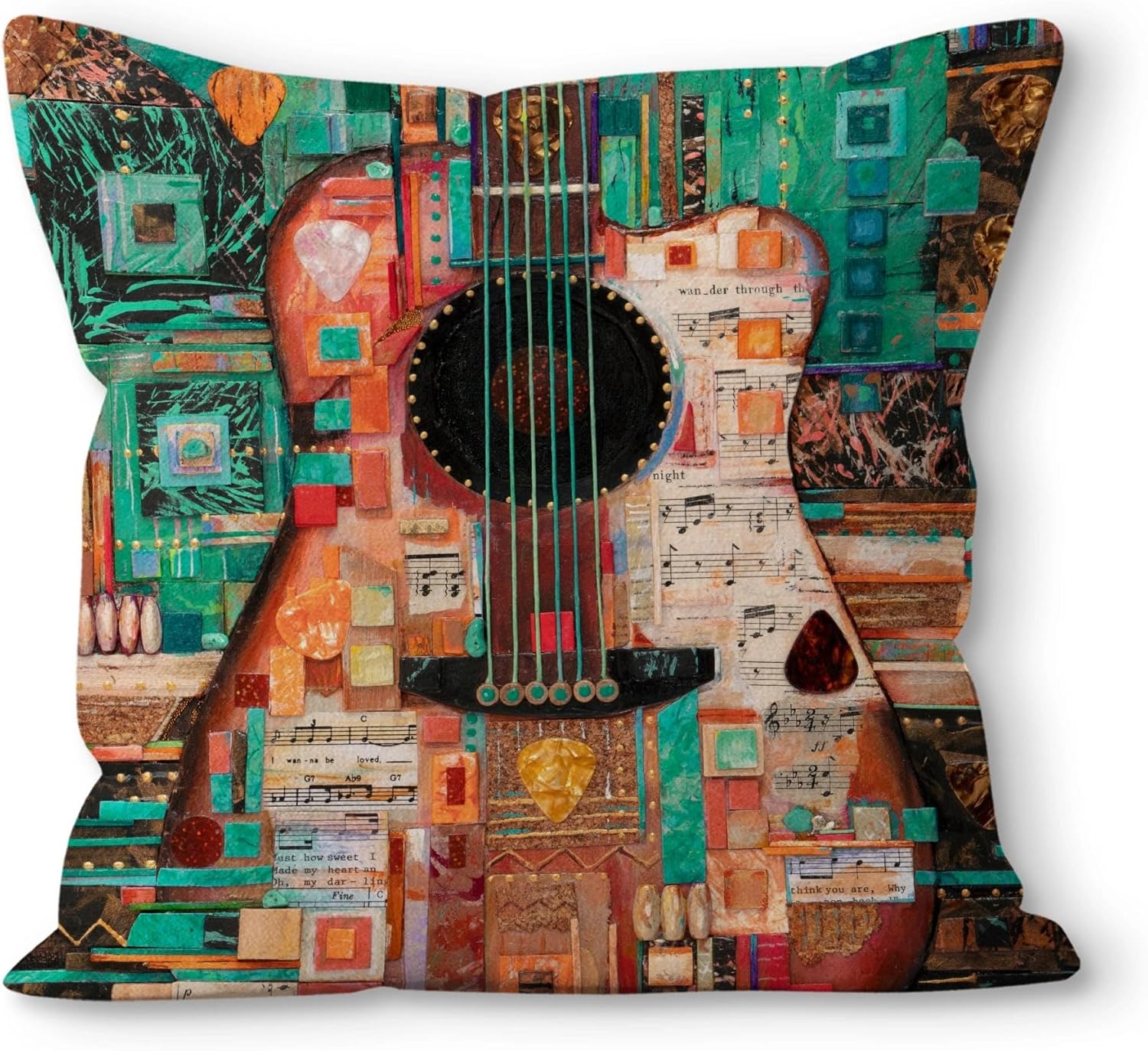 Boho Fabric Throw Pillow Cover — 18" — Guitar-3