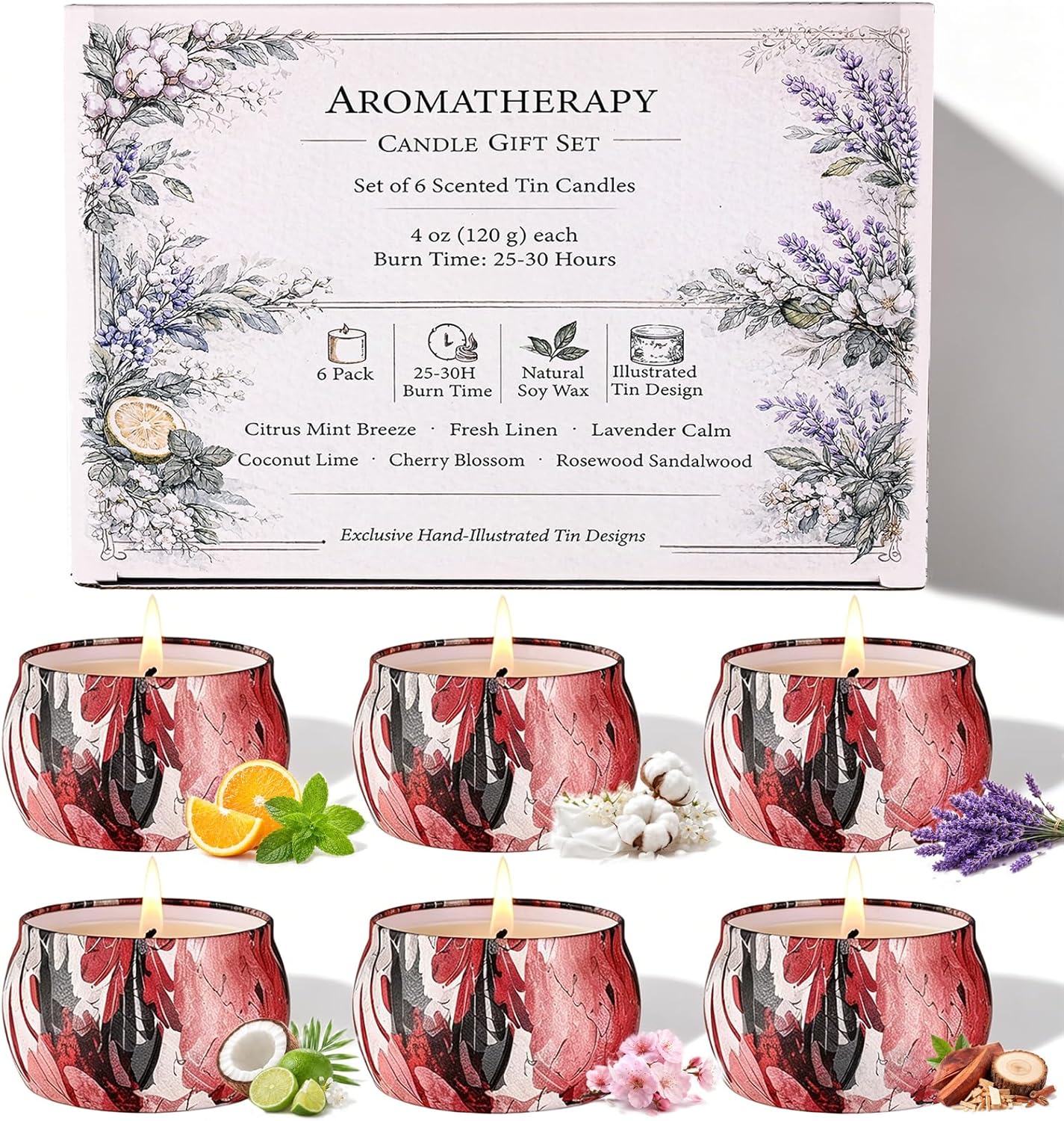 Soy Wax Boho Metal Scented Candle — Classic 6-Candle Set (Flora)