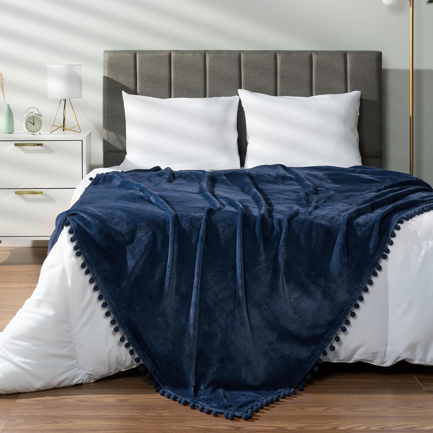Pom Pom Beige Throw Pillow — 50" — Navy Blue