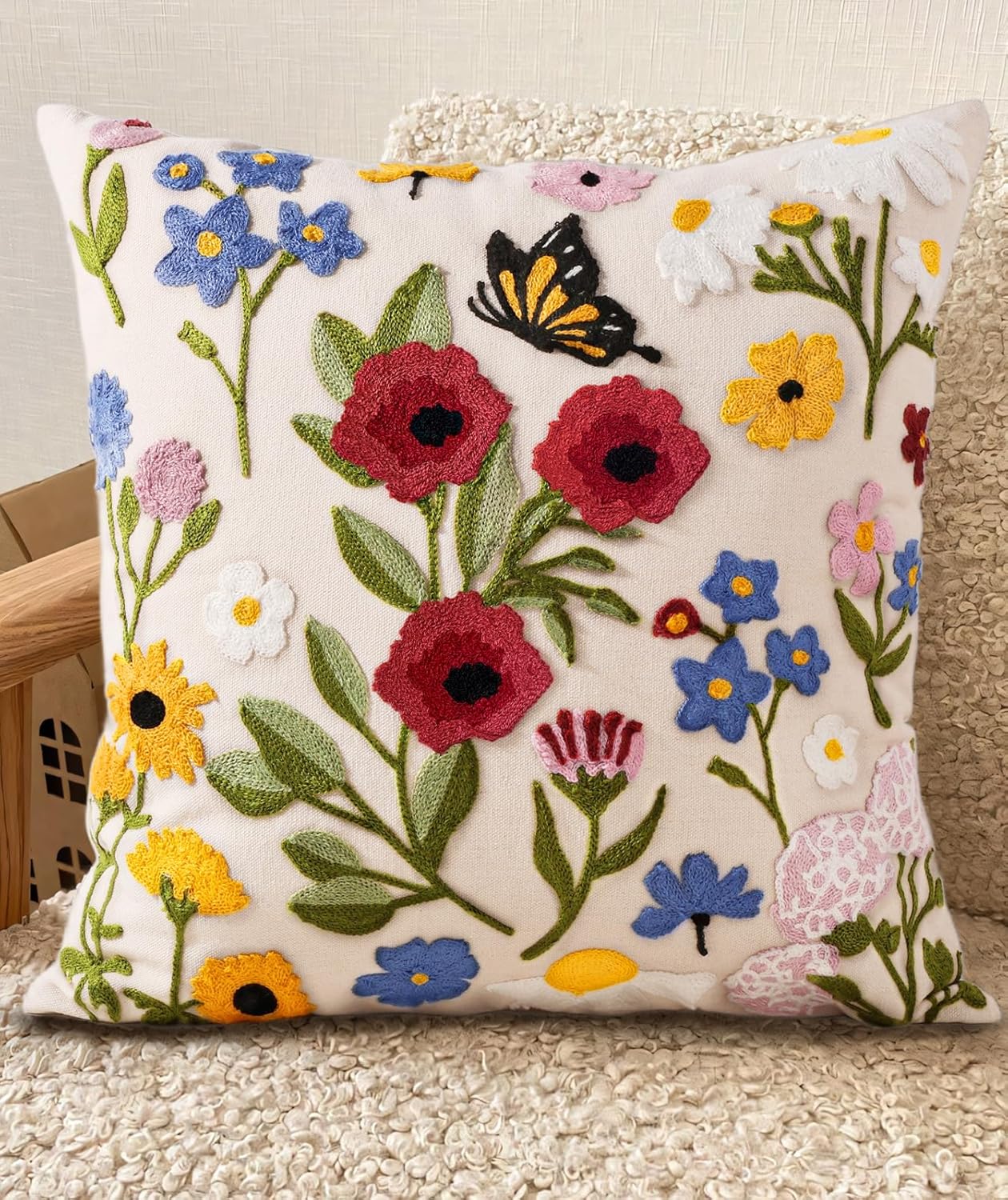 Embroidered Boho Red Throw Pillow Cover — 18" — Retro Flower