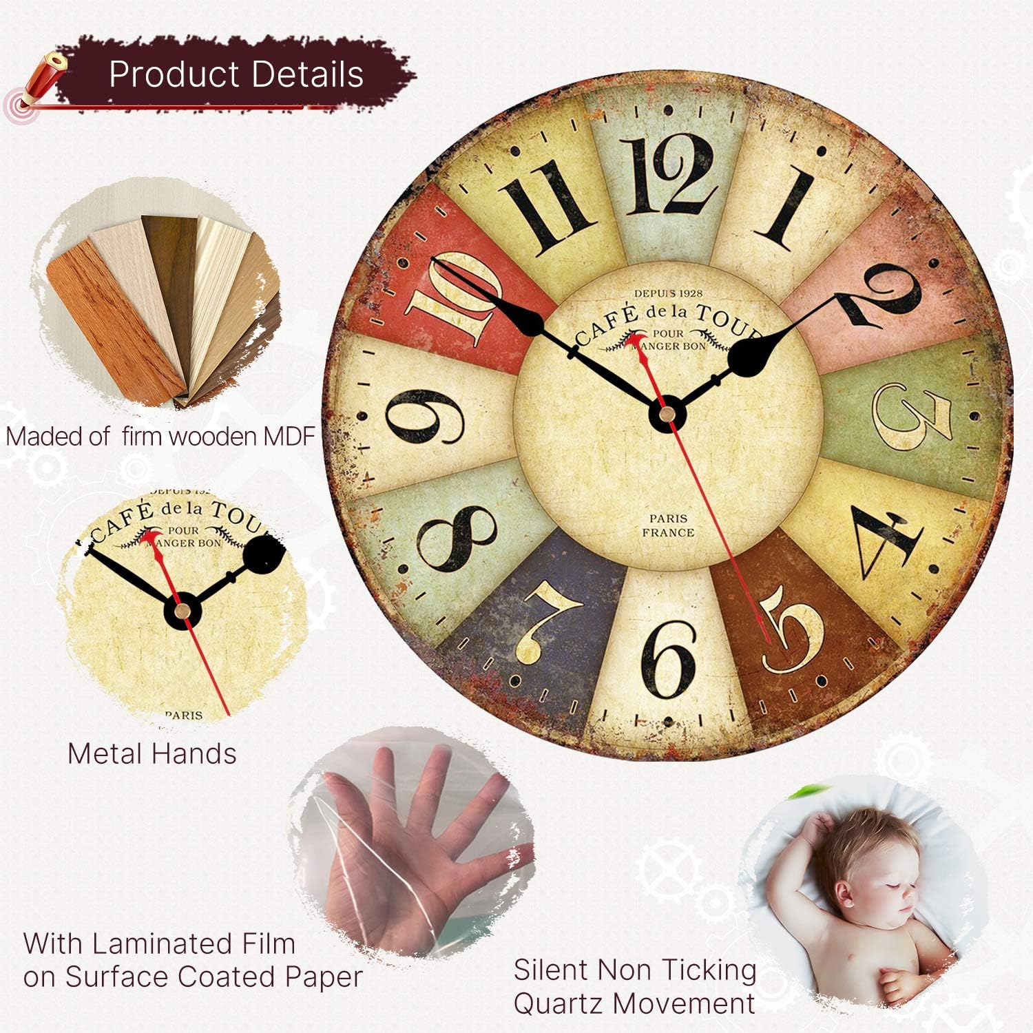 Battery Operated Farmhouse Wood Wall Clock — 14" - View 2