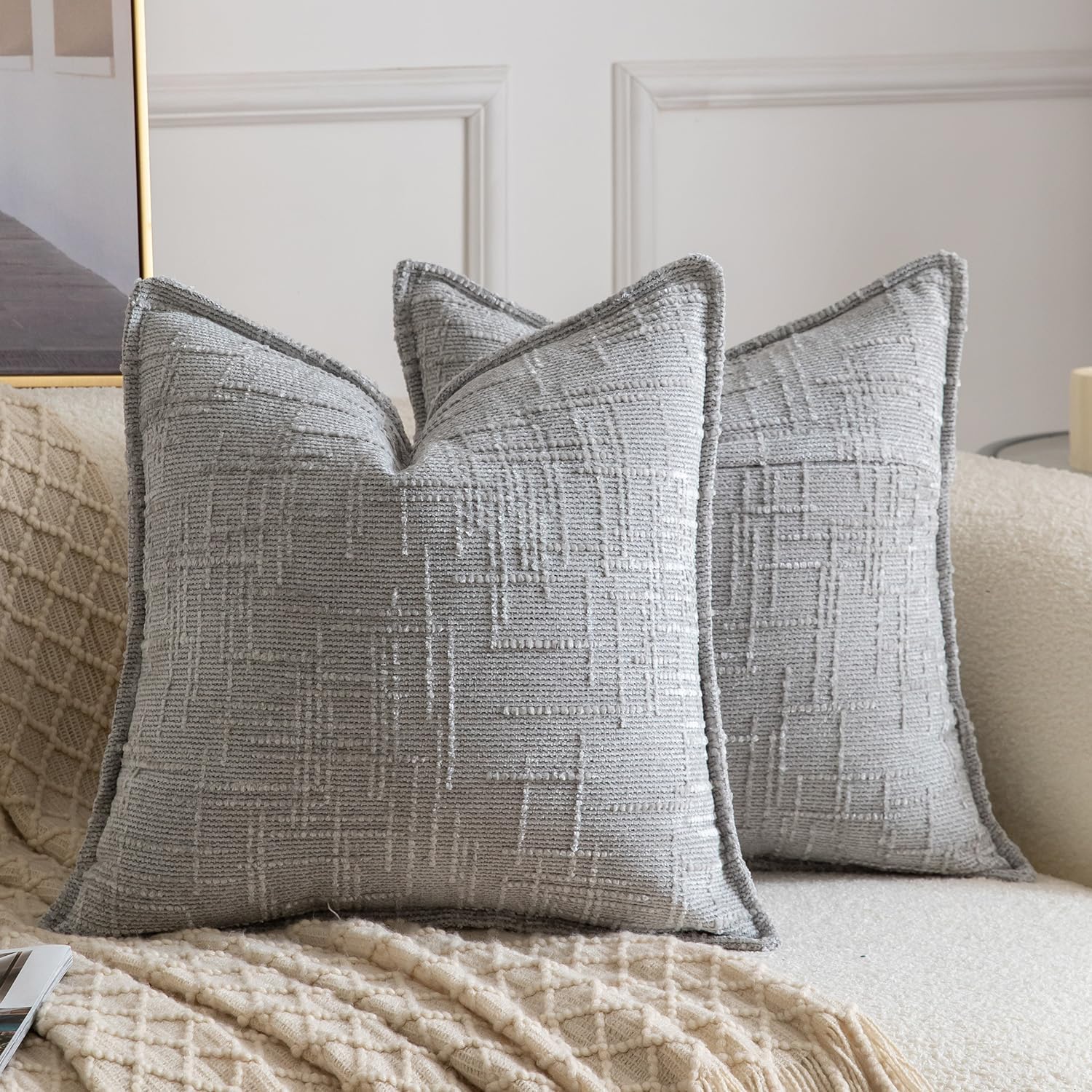 Chenille Boho Beige Throw Pillow Cover — 18" — Grey