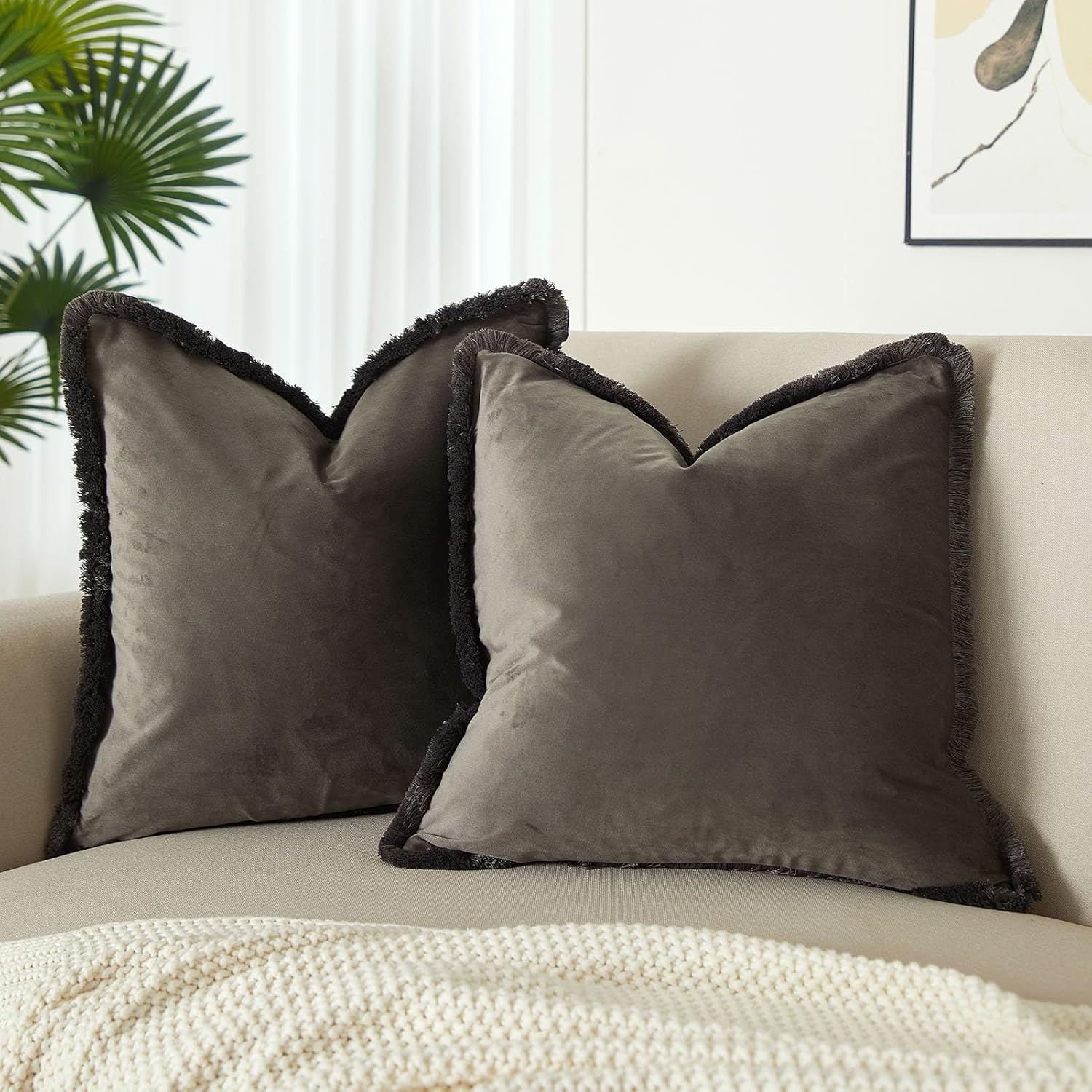 Velvet Boho Beige Throw Pillow Cover — 26" — Ash