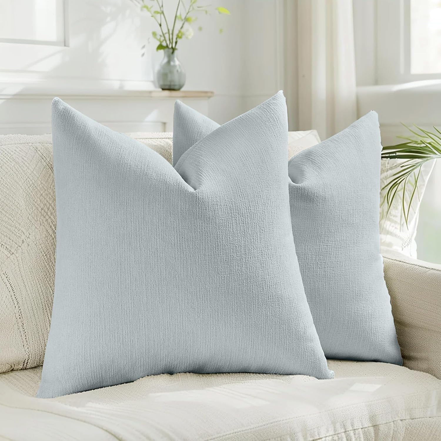 Linen Boho Beige Pillow Cover — 18" — Dusty Blue