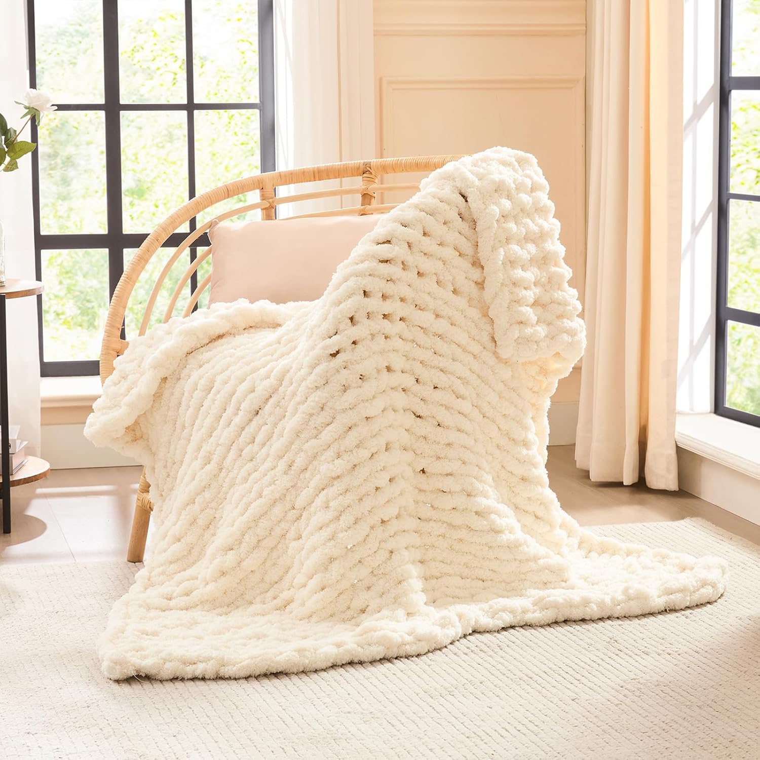 Knit Beige Throw Pillow — 50" — Ivory