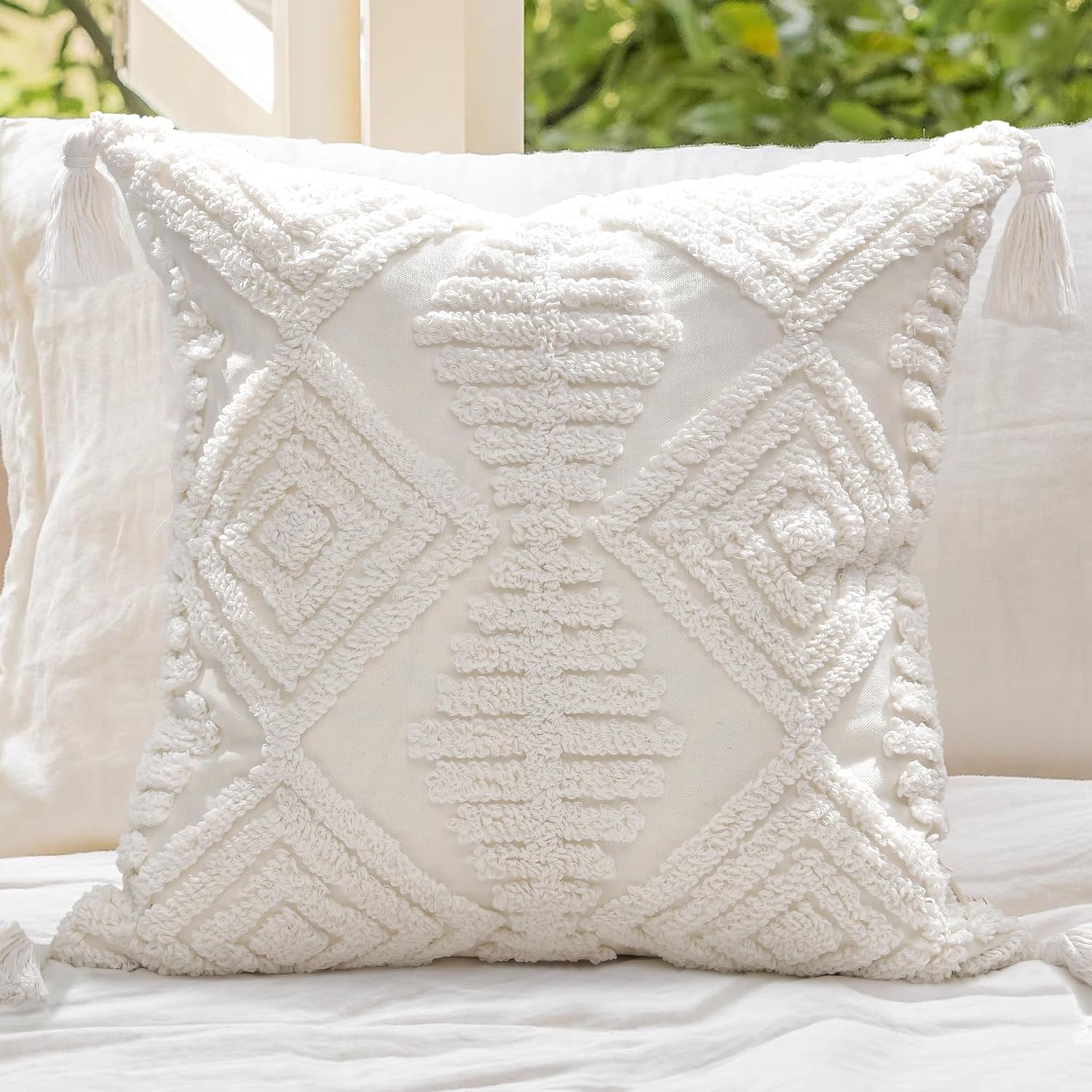 Tufted Boho Beige Throw Pillow Cover — 18" — Boho Cream