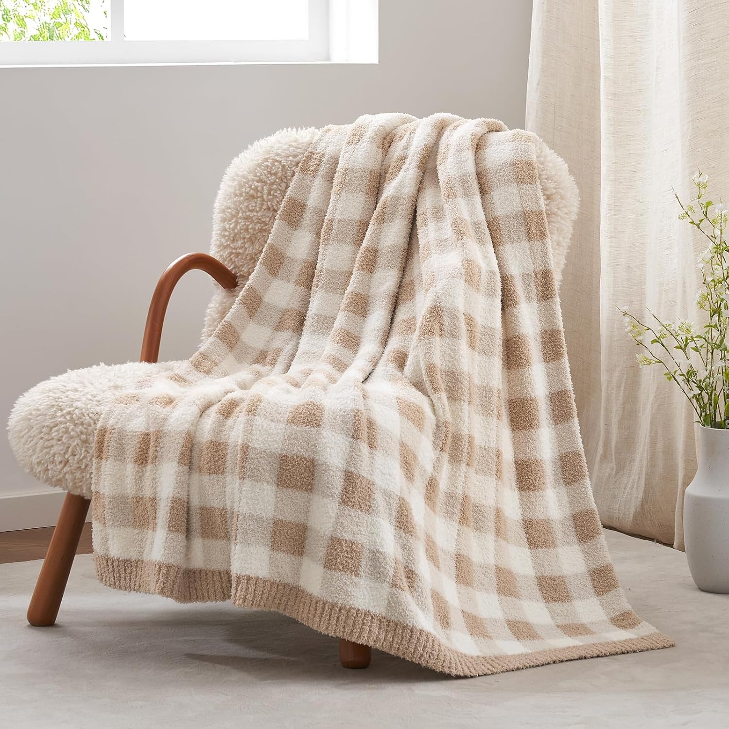 Knit Beige Throw Pillow — 50" — Plaid Beige
