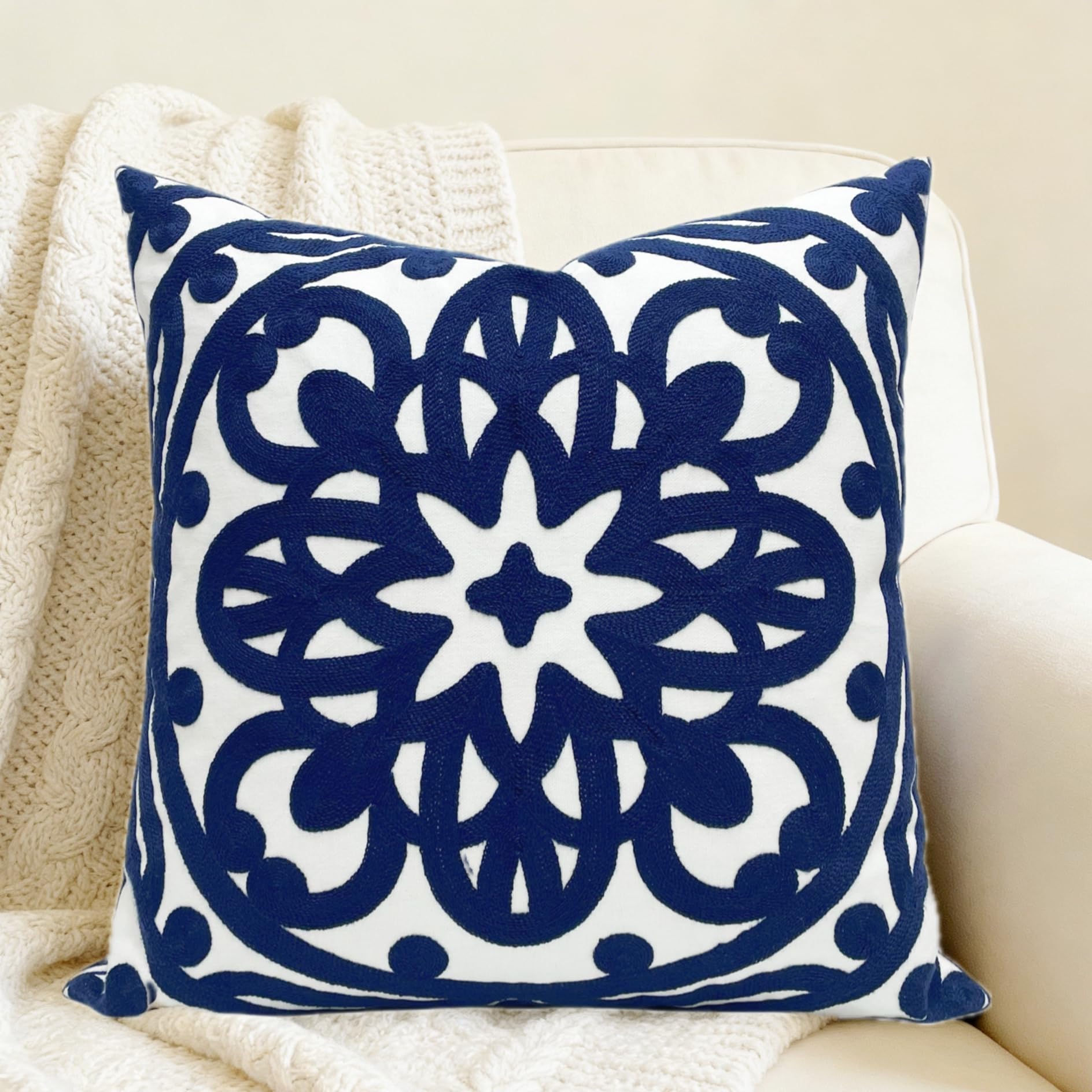 Embroidered Boho Beige Throw Pillow Cover — 18"