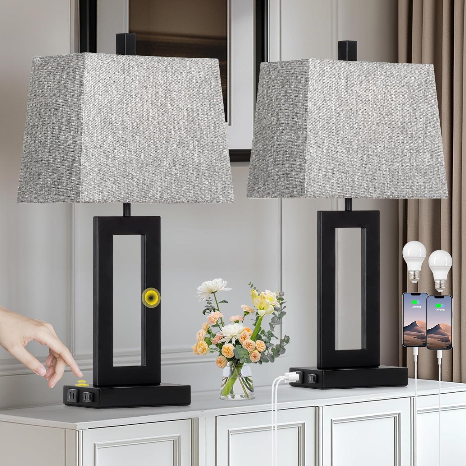 USB Modern Black Bedside Lamp — Set of 2 — Black(base)