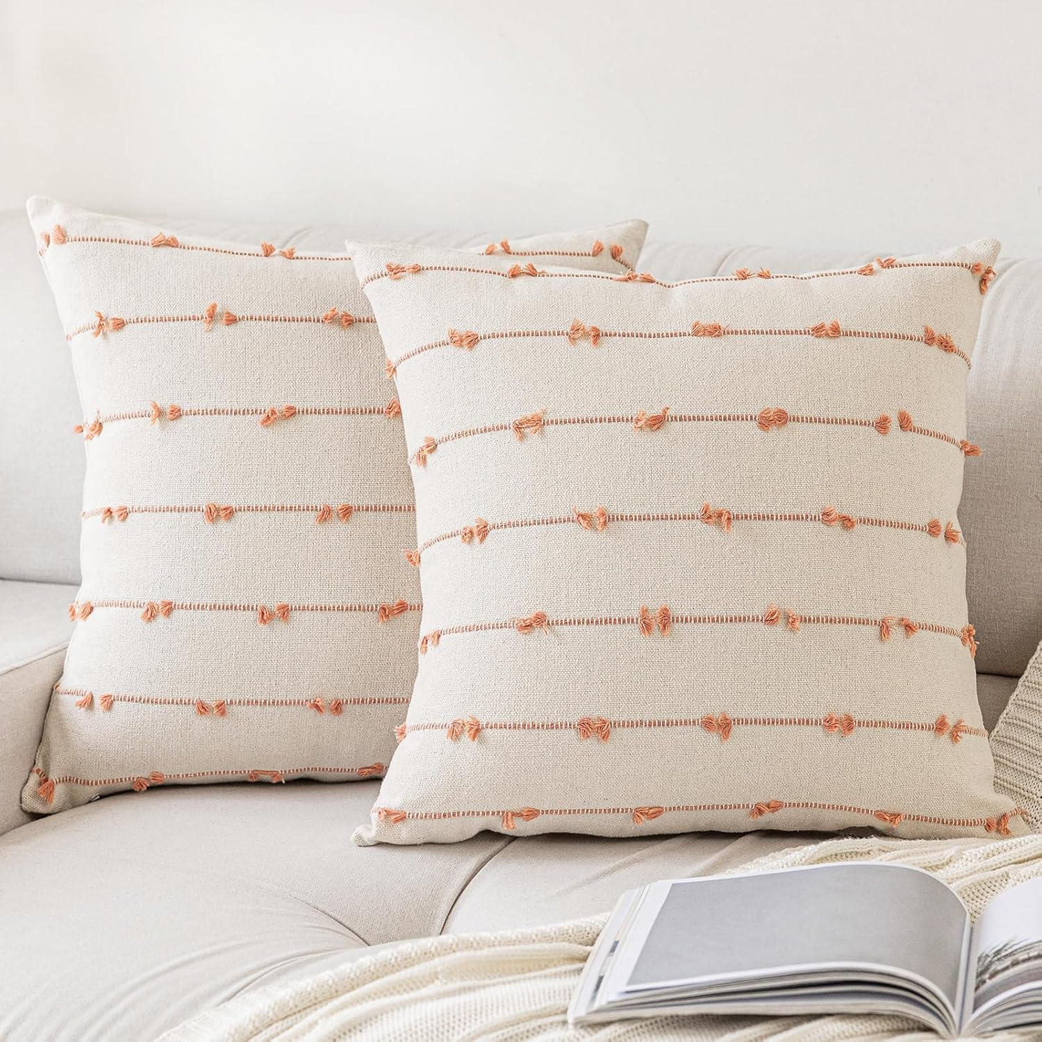 Tufted Boho Beige Throw Pillow Cover — 18" — Beige and Pink