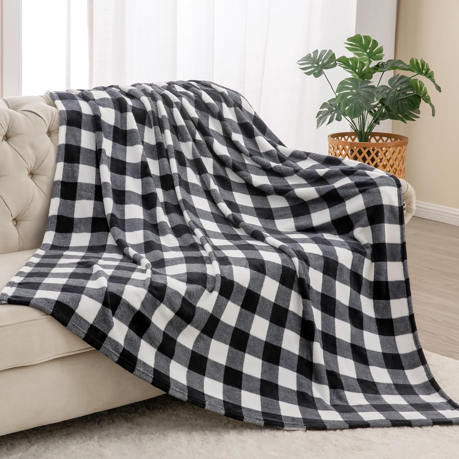 Black Throw Pillow — 50" — Black/White Plaid