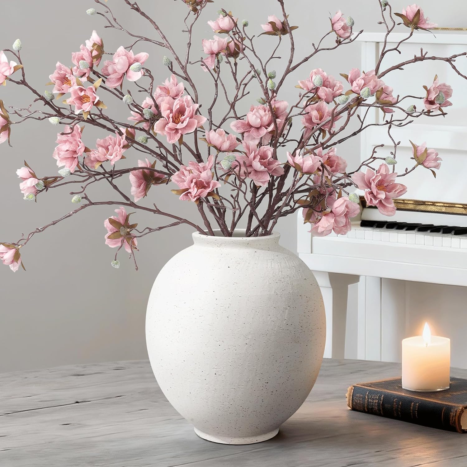 Round Farmhouse Gold Vase — 8" — White
