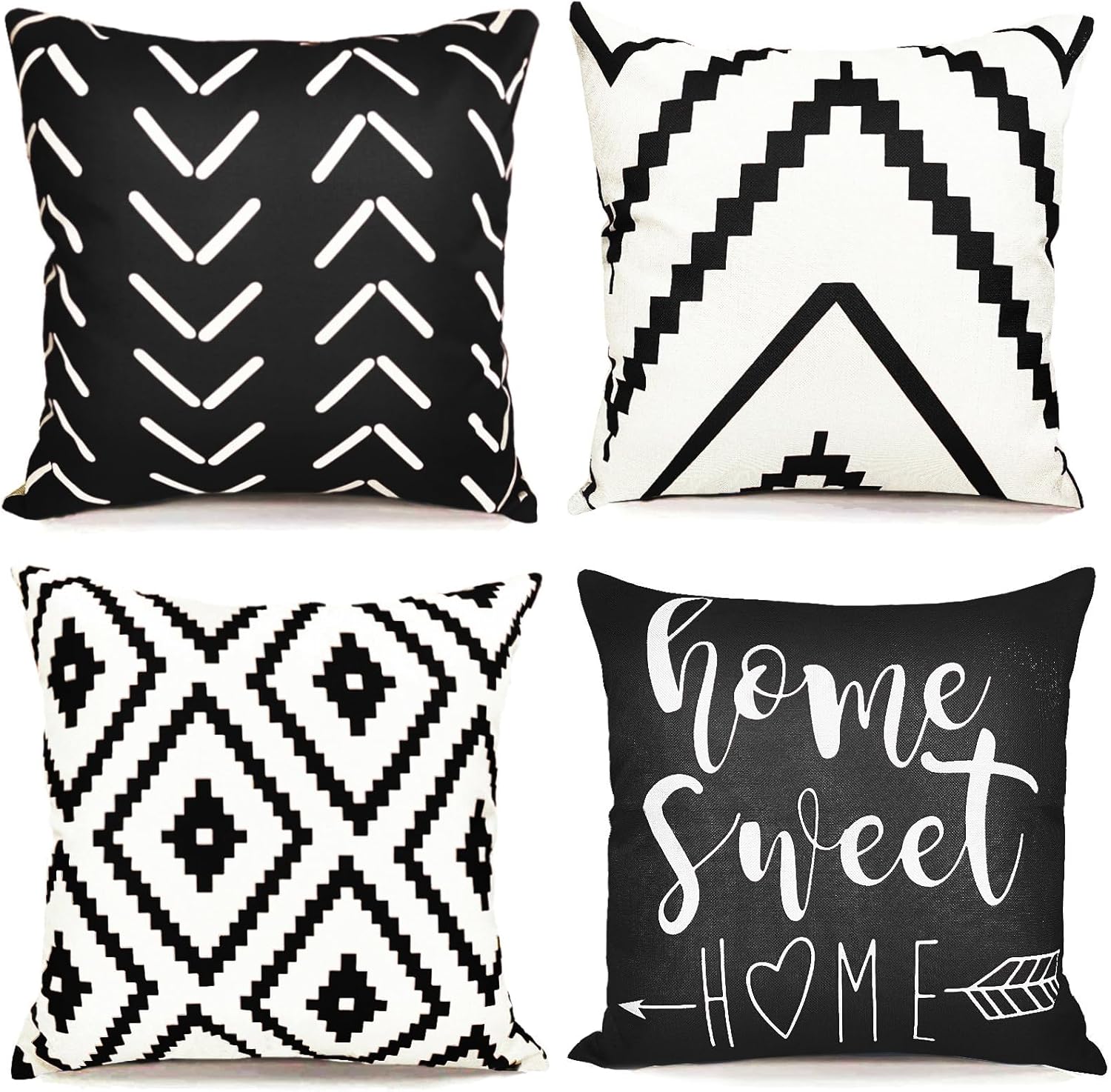 Linen Boho Beige Throw Pillow Cover — 18" — Black White-geometric