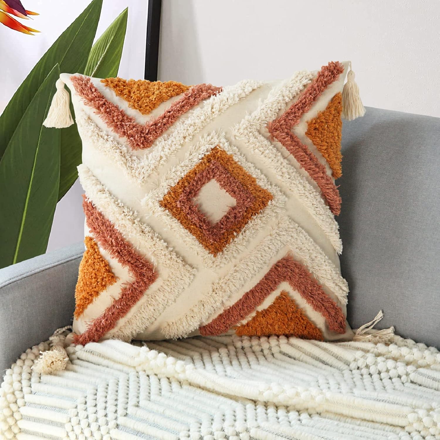 Tufted Boho Orange Throw Pillow Cover — 20" — Orange-d