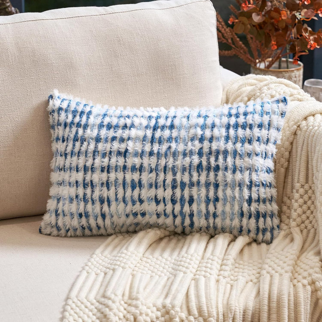 Tufted Boho Black Throw Pillow Cover — 20" — Blue White