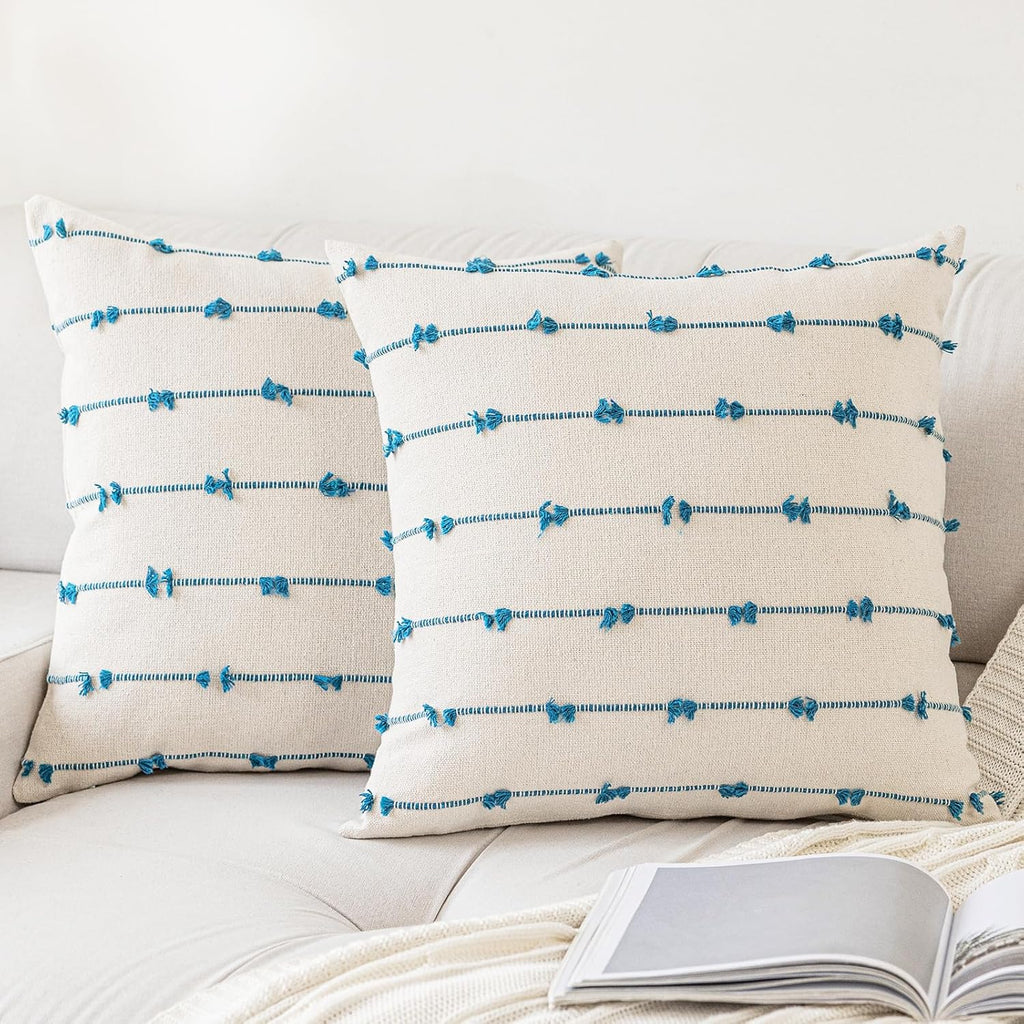 Tufted Boho Beige Throw Pillow Cover — 18" — Beige and Blue