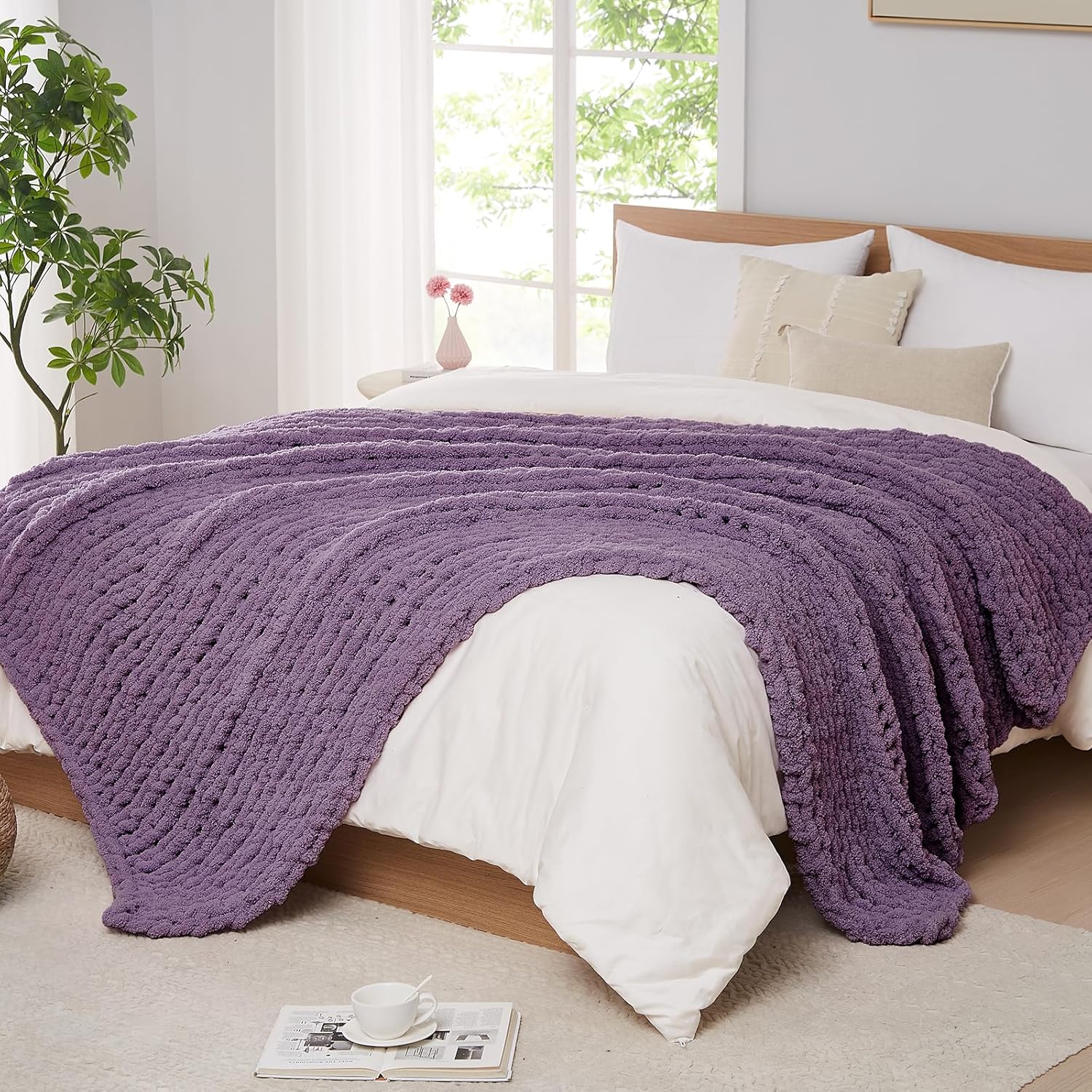 Knit Beige Throw Pillow — 50" — Deep Purple