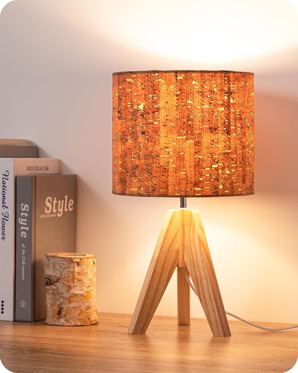 Linen Boho Wood Bedside Lamp — 2" — Cottage