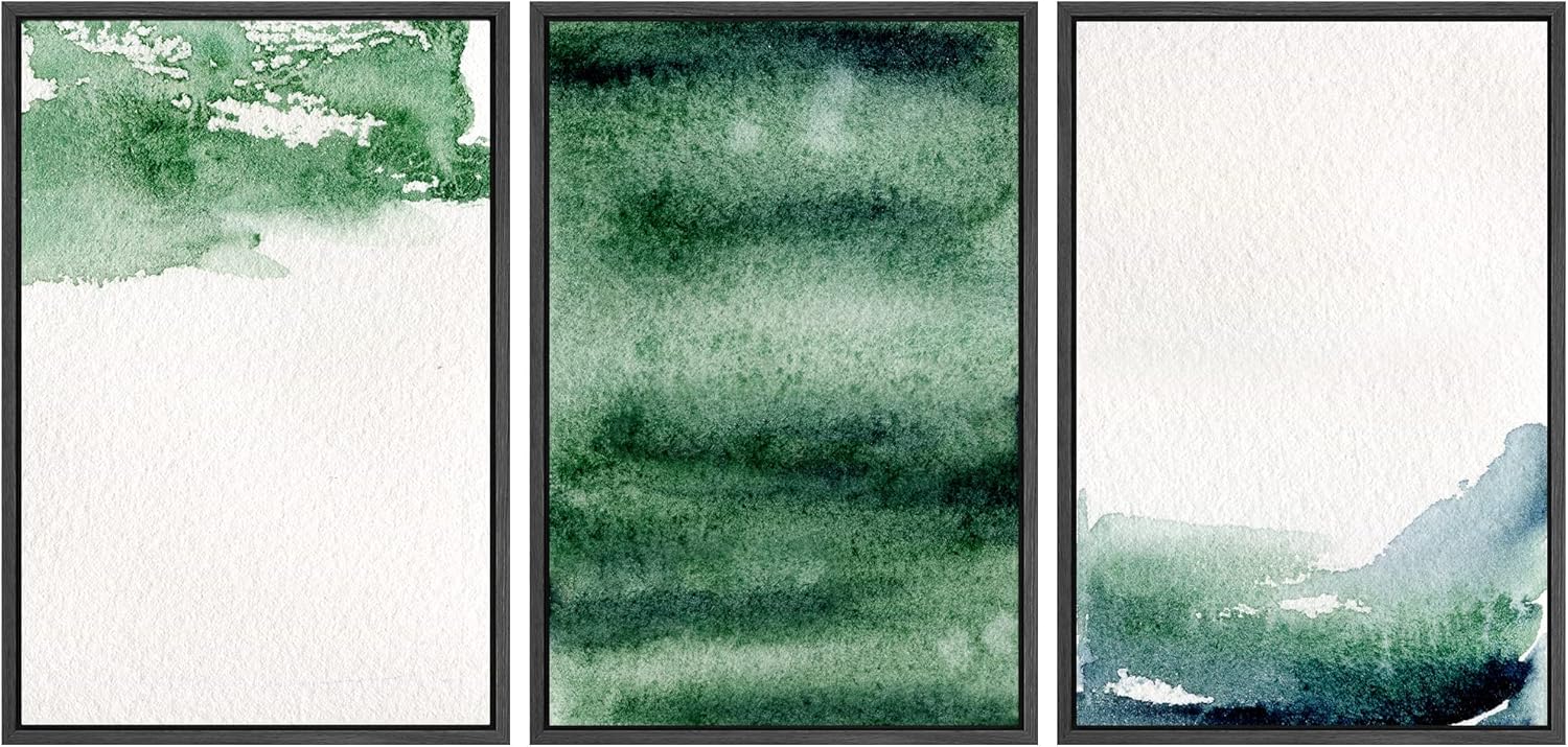 Framed Modern Green Wall Art — 16" — 24"x36"x3 Panels Black