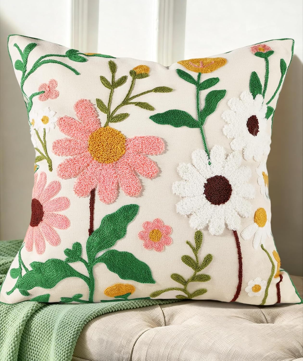 Embroidered Boho Beige Throw Pillow Cover — 18" — Pink-white-flower