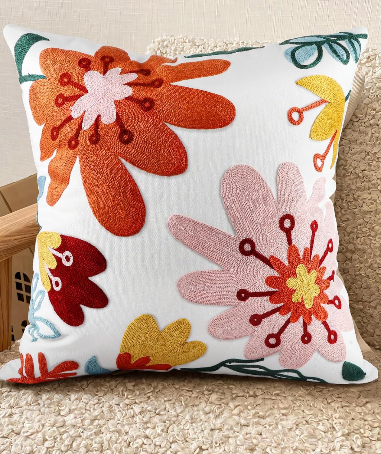 Embroidered Boho Beige Throw Pillow Cover — 18" — Artistic Flowers