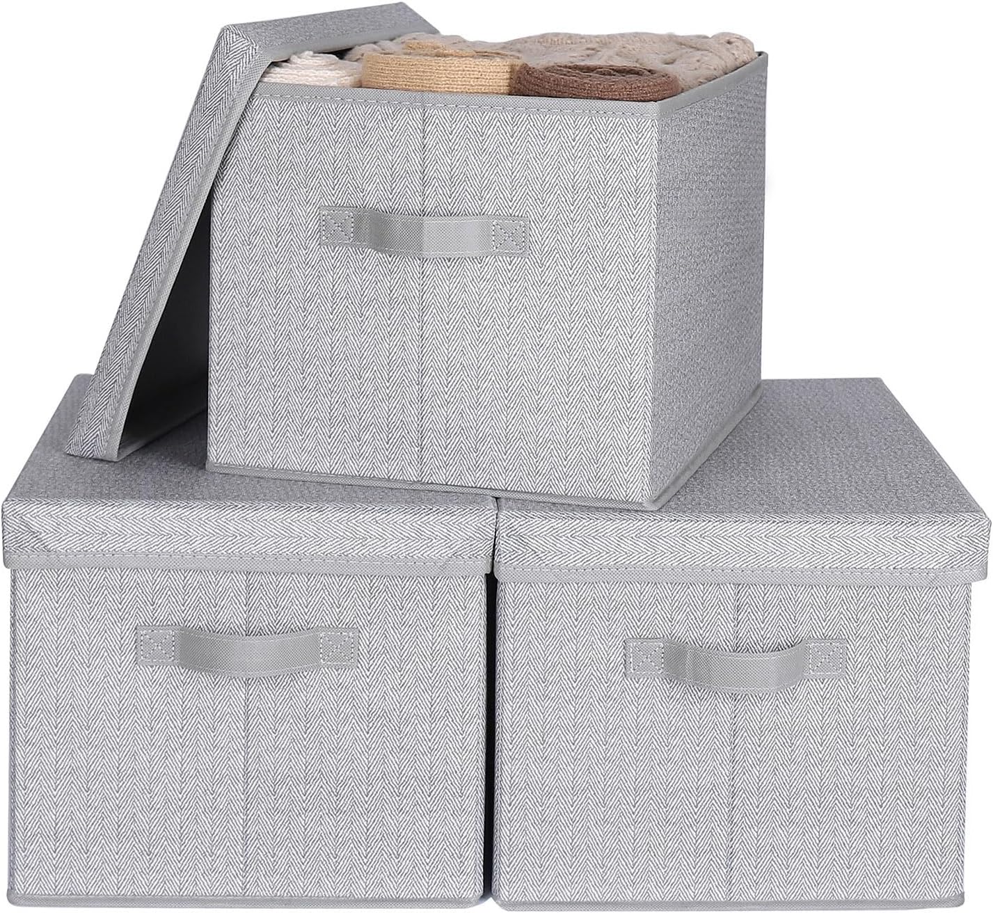 Beige Storage Bin — Herringbone Gray