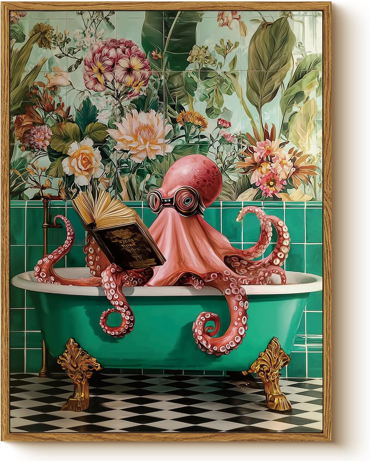 Vintage Orange Framed Wall Art — 16" — Reading octopus