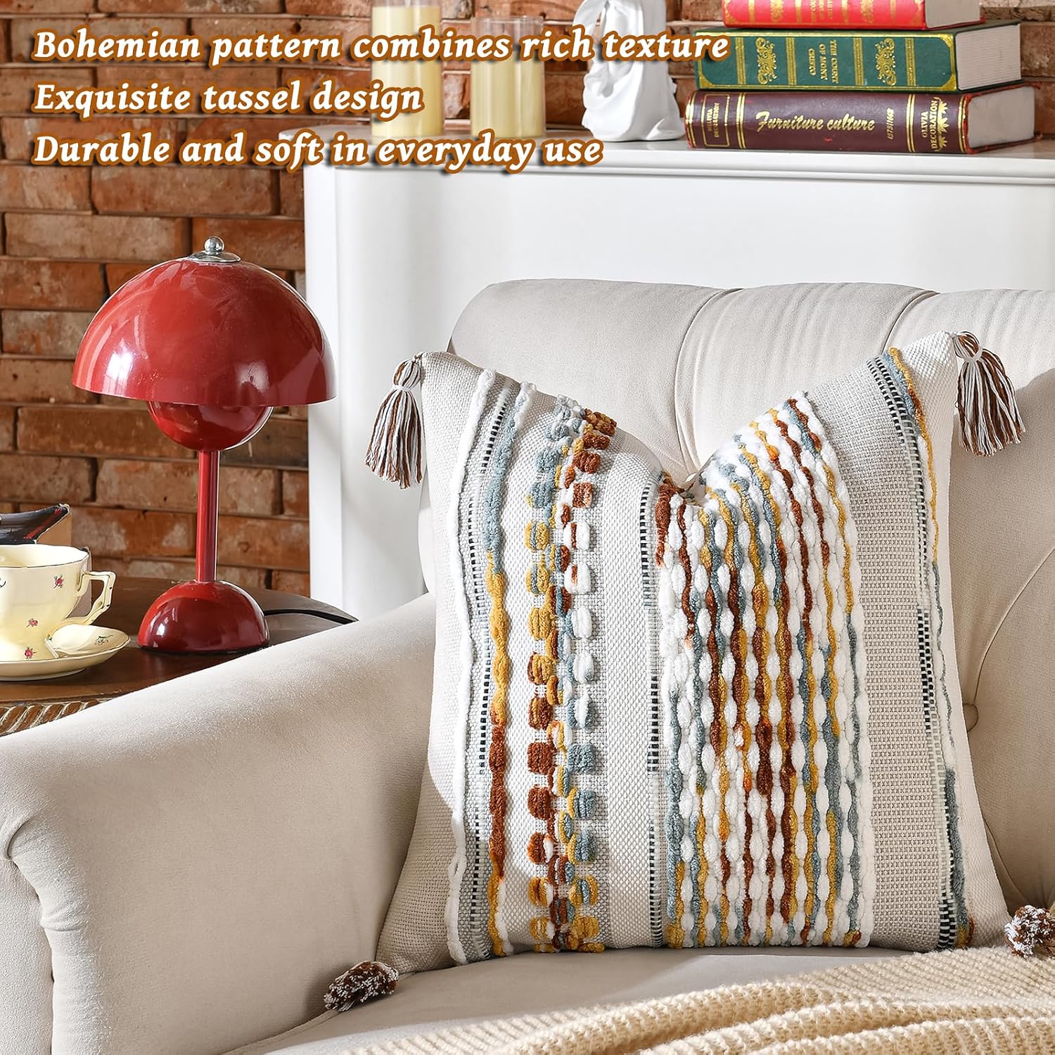 Chenille Boho Beige Throw Pillow Cover — 18" - View 4