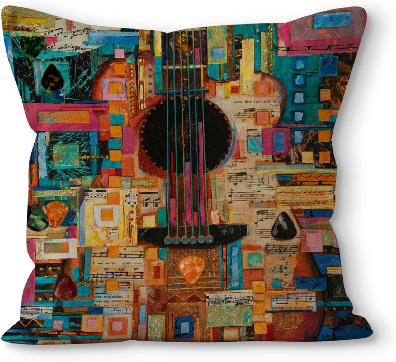 Boho Fabric Throw Pillow Cover — 18" — Guitar-2