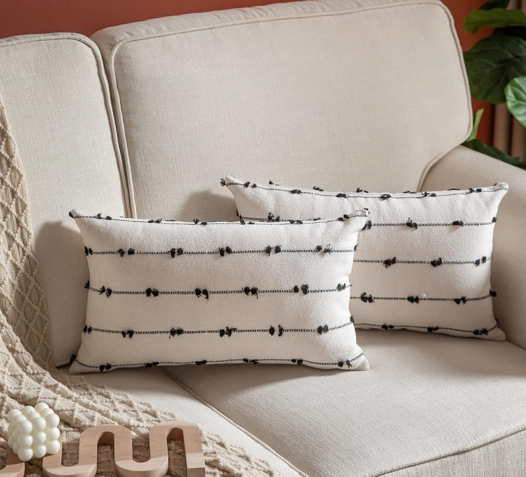 Boho Black Throw Pillow Cover — 22" — Black Off White
