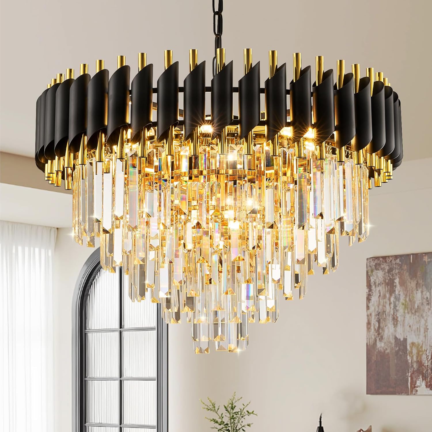 Round Luxe Black Chandelier — 24" — Triangle Black-Gold