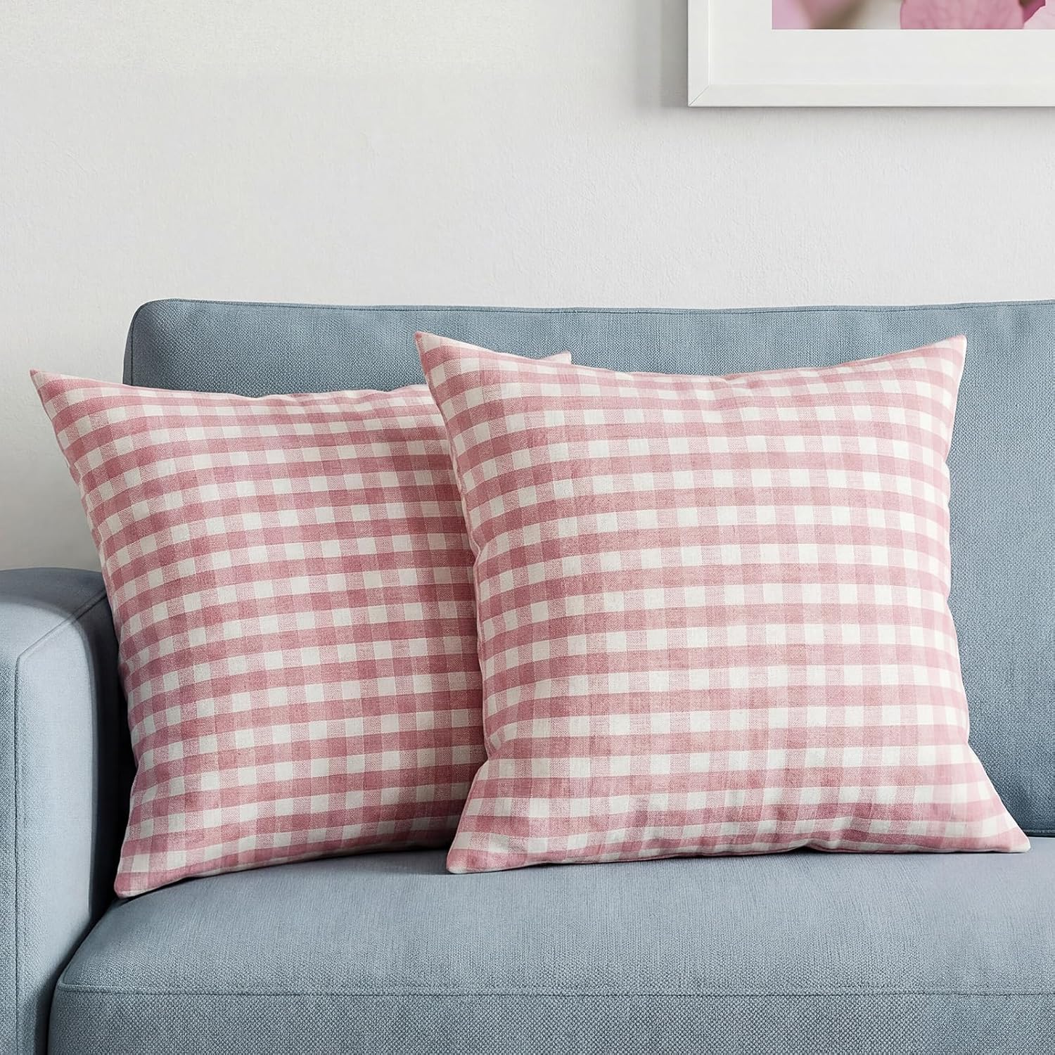 Boho Beige Throw Pillow Cover — 18" — Pink Gingham
