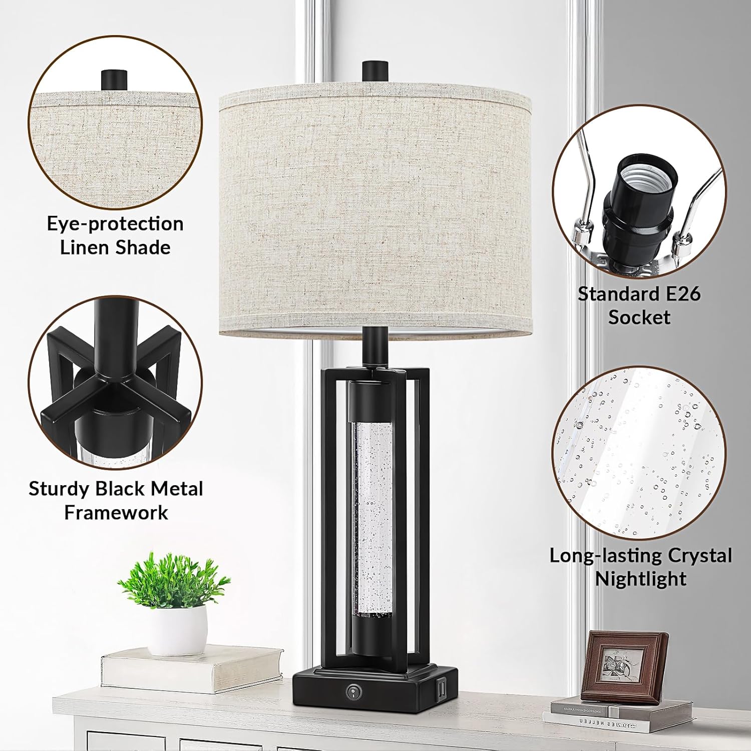 USB Farmhouse Black Bedside Lamp — Set of 2 - View 4