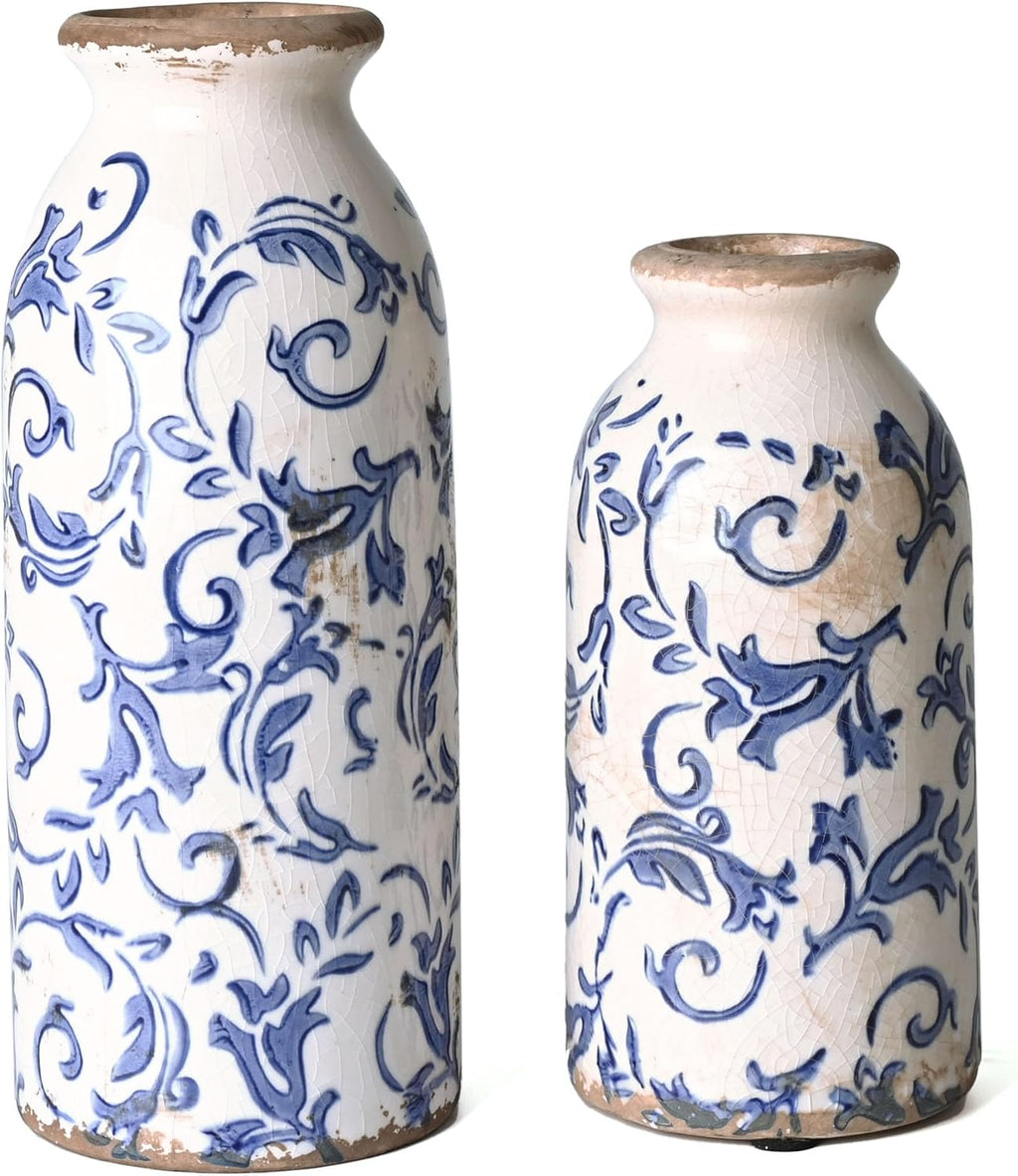 Farmhouse Black Flower Vase — 8" — Blue and White