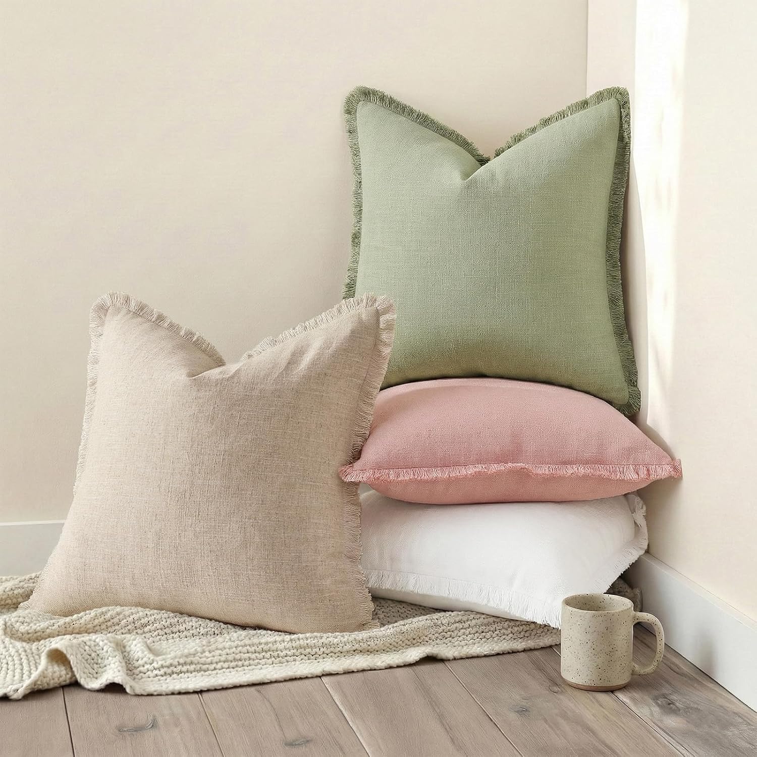 Linen Boho Beige Throw Pillow Cover — 18" - View 5