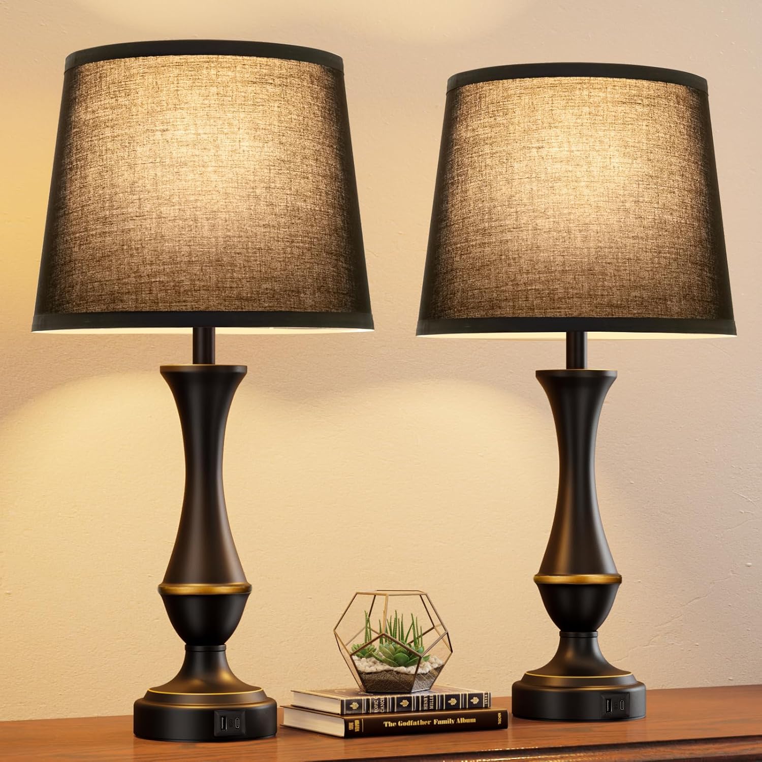 Dimmable Beige Bedside Lamp — Set of 2 — K. Black Shade & Black Base