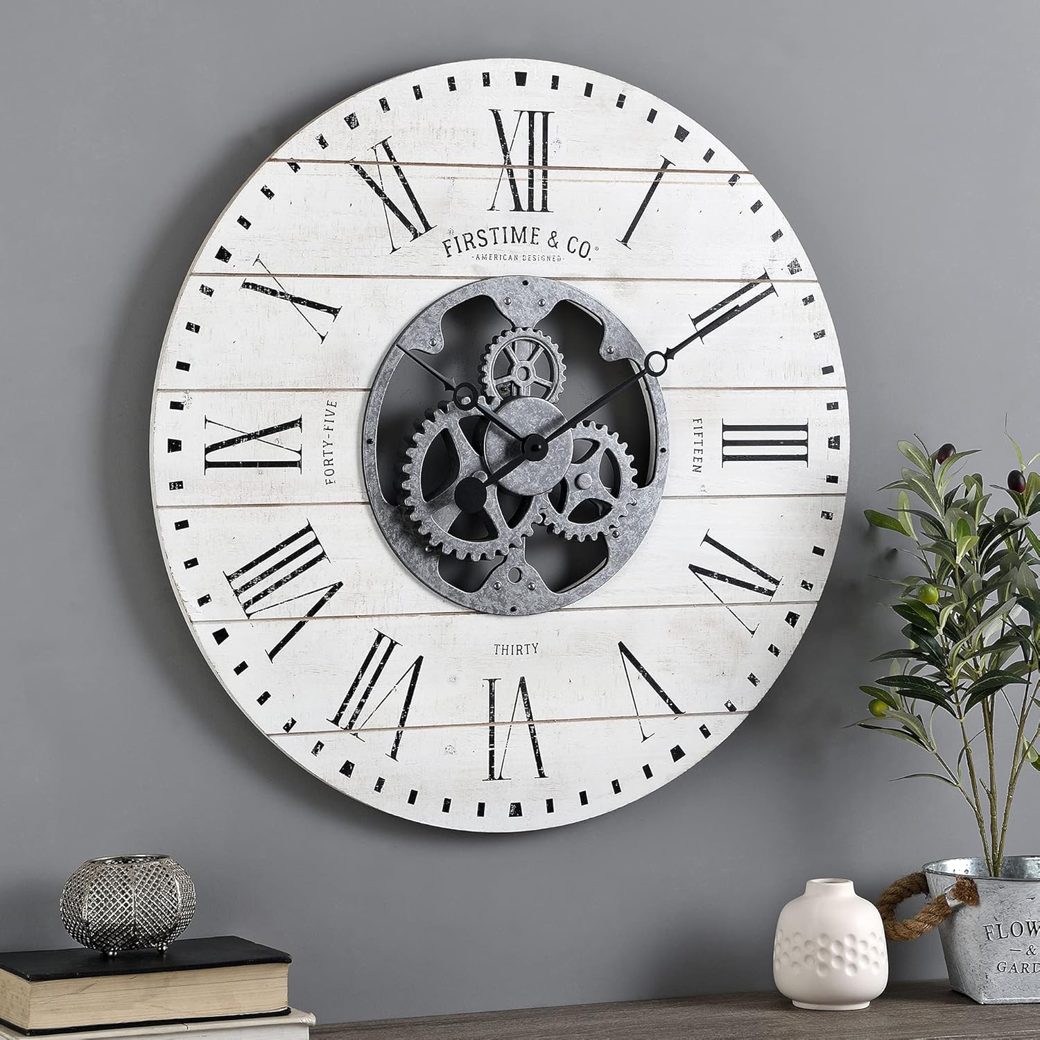 Round Farmhouse Black Wall Clock — 27" — White