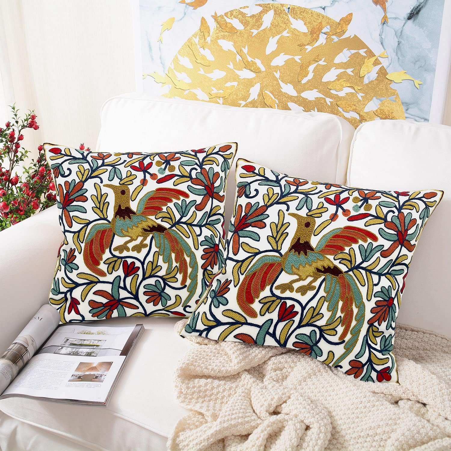 Embroidered Boho Blue Throw Pillow Cover — 18" — Bird Orange